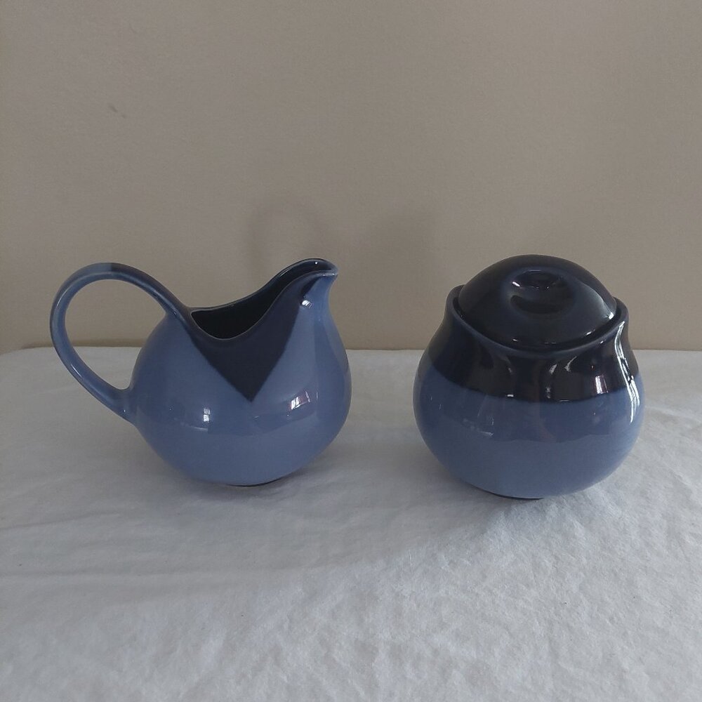 Sango Nova Blue Cream Creamer & Covered Sugar Set Ceramic Discontinued 4934 EUC